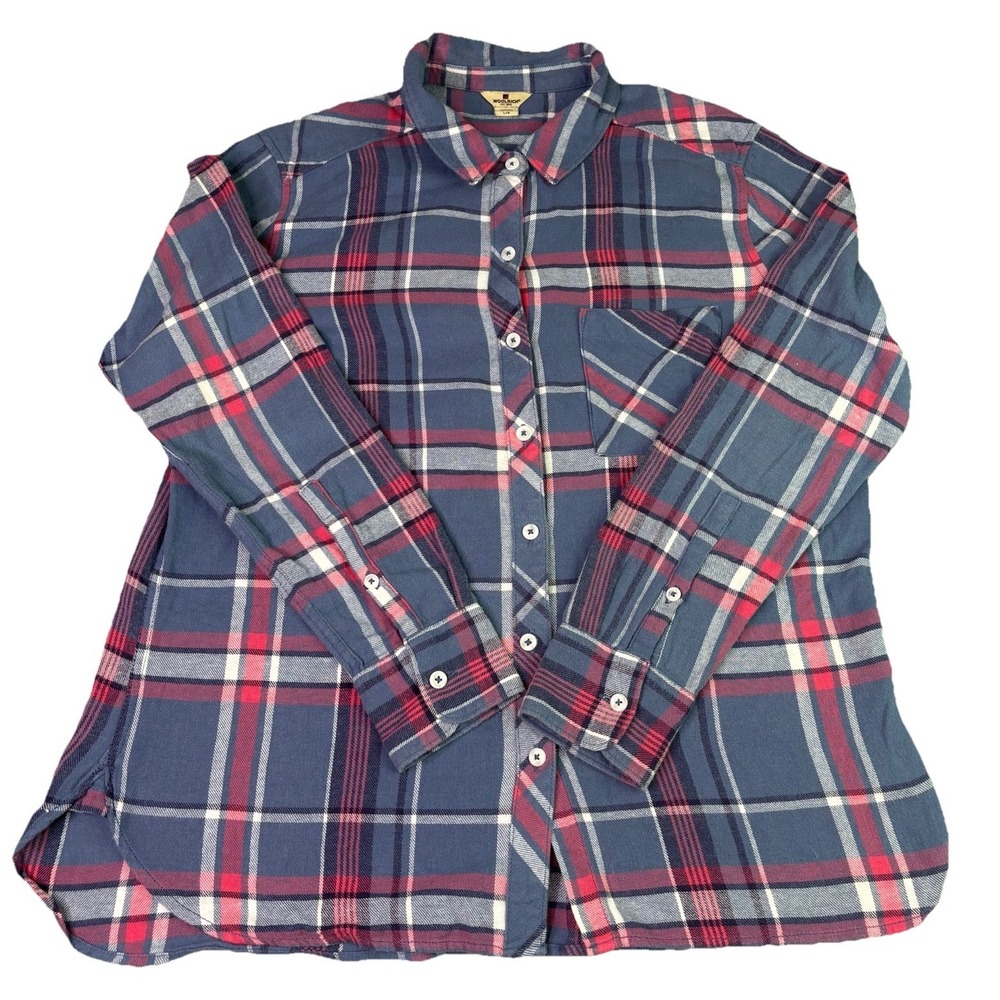Woolrich Women's‎ Large Pink Blue Plaid Flannel Button Down Shirt 100% Cotton